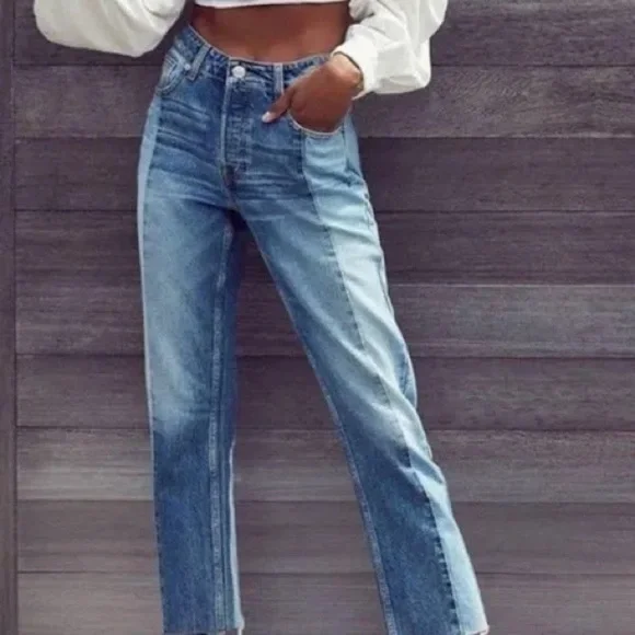 UO BDG Jessye Spliced Light/Dark Blue Straight Leg Raw Hem Jeans Size W27 L32 - Picture 6 of 6